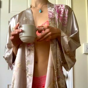 Kim+Ono Silk Robe Floral Beige Handmade One Size